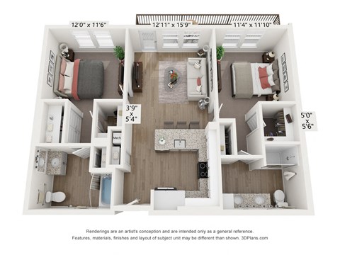 Floor plan for 2 beds, 2 baths, 992 sqft